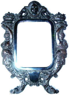 Bedside Mirror. Rather large and very heavy mirror. Highly elaborate with a fine finish. Heavy wood back to mirror is original with orange crayon serial no. (19001)?
