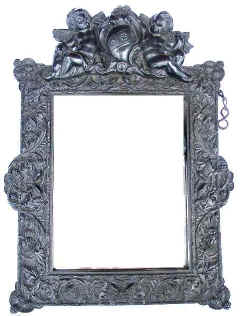 Large mirror with two winged putti above. The frame has a 'rustic' design.