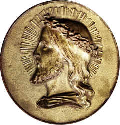Composition similar to Bois Durci but marked 'BETHLEEM' and gilded. Raised rim.