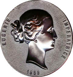 1859 below bust. Smooth back with florid 'BOIS DURCI' mark. No rim.