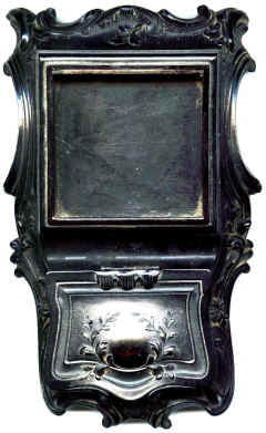 Stamp Holder. Hinged lid covers twin stamp compartments. The large recess at rear is assumed to be for a glass 'sponge holder' for wetting stamps.