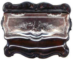 Stamp Box. Glossy finish, probably varnished. Four small recesses slope down at about 20 degrees.